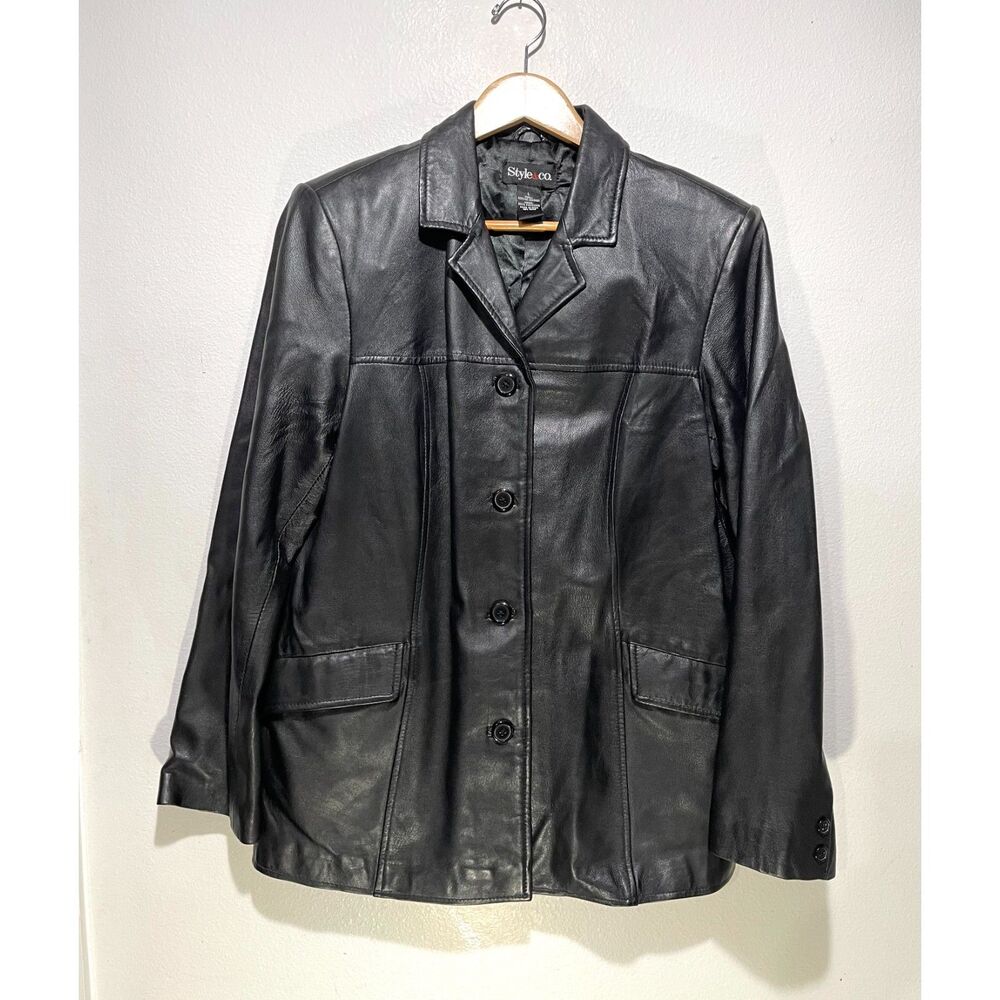 Style & Co. Leather jacket black button up pockets winter casual women's L